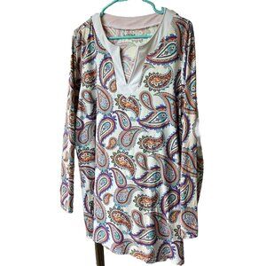 Lands' End Size L Long Sleeve Rash Guard UPF 50 Swim Shirt Paisley Teal Purple